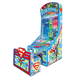 Superman Worlds United angled cabinet by Benchmark Games